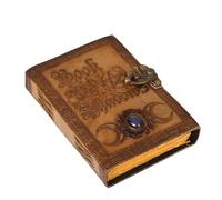 Book of Shadows Grimoire Journal - 200 Pages Antique Deckle Edge Paper, Triple Moon, Pentagram, Witch Journal Leather Cover with Semi Precious Stone Lock Closure Vinatge journal 7x5 Inch