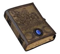 Book Of Shadows Leather Journal with Semi Precious Stone Lock Closure, 200 pages Antique Deckle Edge Paper , Grimoire Journal, Triple Moon, Pentagram, Mother Of earth, Tree Of Life, Witch Journal