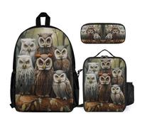 Book Pack Owl Motif 3 Piece Set for Students Age 10 Year 5, School Backpack Bird Theme with Lunch Box Pencil Case for Primary Lessons Weekend Activities and Travel