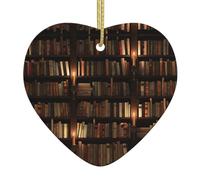 Book Room Library Christmas Ceramic Heart Ornament,Double-Sided Printed White Porcelain Hanging Decoration With Gold String For Xmas Tree,Home,Shop,Holiday Decor