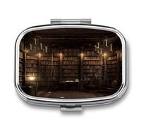 Book Room Mysterious Library pilldispenser 2-Compartment Portable Travel Square PillCase Daily with Store Vitamins Pocket Medicine Organizer for Office Home Fish Oil