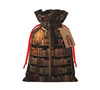 Book Room Mysterious Library Printed Christmas Drawstring Gift Bags-Xmas Wrapping Bags,Candy Bag,For Holiday Party Decorations,Wedding Party Supplies M Red Ribbon