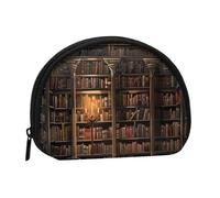 Book Room Mysterious Library Printed Mini Coin Pouch, Shell Shape Zip Around Wallet, Small Zipper Pouch for Cash, Cards, Keys, Lipstick, Storage Pouch, Travel Organizer