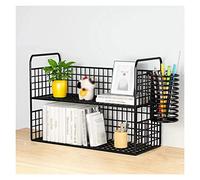 Book Shelf 2 Layers Desk Organizer with Pen Holder Desktop Bookshelf Office Storage Rack, Free Standing Shelf, Black Powder Coat Finish Bookshelf(Large)