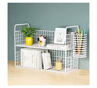 Book Shelf Desk Organizer Desktop Bookshelf Durable Steel Mesh Construction 2 Layers Office Storage Rack Supplies with Pen Holder (White) Bookshelf(Large)