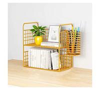 Book Shelf Desktop Organizer Golden Bookshelf Desk 2 Layers Office Storage Rack Supplies with Pen Holder, Durable Steel Mesh Construction Bookshelf(Small)
