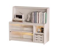 Book Shelf Desktop Wooden Book Shelf, Multi Storey Organizer Office, with Plastic Sliding Cabinet Doors Storage Rack Display Stand (White) Bookshelf