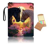 Book Sleeve with Zipper and Front Pocket, Book Cover Protector for Paperbacks with Handle, Washable Fabric Book Pouch Gift for Book Lovers,Two Love Horses and Lotus