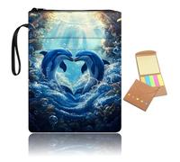 Book Sleeve with Zipper and Front Pocket, Book Cover Protector for Paperbacks with Handle, Washable Fabric Book Pouch Gift for Book Lovers,Two Blue Love Dolphins