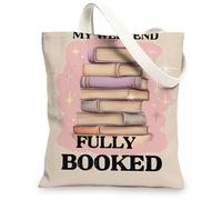 Book Stack Canvas Tote Bags, Cute Literary Design Reusable Grocery Bags, Vintage Style Lightweight Washable Shoulder Bags f, Beige, 13x15 Inch