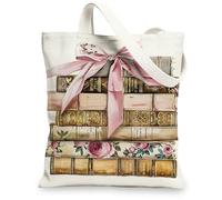 Book Stack Canvas Tote Bags, Vintage Floral Library Pattern Reusable Shopping Bags, Elegant Lightweight Washable Shoulder S, White, 13x15 Inch