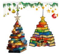 Book Stack Tree Ornaments - 2 Pack Acrylic 2D Hanging Decor, Festive Stacked Pendant, Lightweight Creative Holiday Accent, Sturdy Indoor Window Door Design | Charming Literary Ornament For Family
