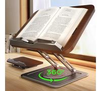 Book Stand for Reading, Adjustable Book Holder with 360°Rotating Bases, Ergonomic Cookbook Stand Recipe Book Holder with Elastic Page Clips for Magazines, Tablets, Laptops