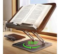 Book Stand for Reading, Adjustable Books Holder with 360°Rotating Bases, Ergonomic Cookbook Stand Recipe Book Holder with Elastic Page Clips for Magazines, Laptops (A1)