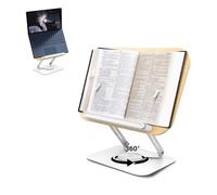 Book Stand for Reading,Adjustable Foldable Book Stand with 360°Rotation Base for Textbook, Recipe, Magazines, Laptop,3.5-35.9cm Height Foldable Book Holder with Elastic Page Clips (Raw Wood Silver)