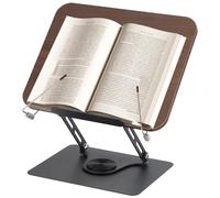 Book Stand for Reading, Wooden Book Holder with 360° Rotating Base, Adjustable Foldable Cookbook Stand with Elastic Page Clips, Recipe Book Holder for Office, Kitchen, Recipe, Magazine,Tablet