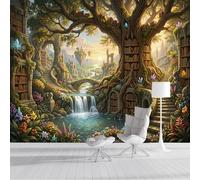 Book Trees Waterfalls Stone Bridges Wall Mural Wallpaper Silk Fantasy Fairytale Style Photo Wallpaper Mural for Bedroom Living Room - Art Print Wall Decoration Poster Picture Design 200x140cm, Green