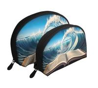 Book Wave Printed Portable Shell Cosmetic Bag Set - Travel Makeup Organiser with Zipper & Inner Compartments