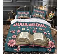 Bookaholic Quilt Cover 3D Design Printed Easy Care 3-Piece Bedding Set Zipper floral Book Design Comforter Cover Hotel Quality Anti-allergic for Teens Adults Women Kids Girls Boys Double（200x200cm）