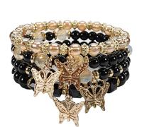 Bookay Bohemian Bracelet Sets for Women - 4-Pack Stackable Stretch Bead Bracelets with Black＆White Crystal & Gold Accessories, Multi-Layer Boho Jewelry for Holiday Gift, elastic, Plastic, no gemstone