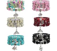 Bookay Bohemian Flower Bracelet Sets for Women - 6-Pack Stackable Stretch Bead Bracelets with Black＆White Charml & Gold Accessories, Multi-Layer &Color Boho Jewelry for Holiday Gift, elastic, Plastic