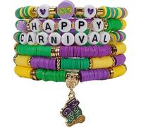 Bookay Mardi Gras Bracelets for Women, 6-Pack Stackable Stretch Bead Set |,Multi-Layer Boho Carnival Party Jewelry,Holiday Friendship Gift, elastic, Plastic, no gemstone