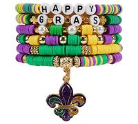Bookay Mardi Gras Bracelets for Women, 6-Pack Stackable Stretch Bead Set |,Multi-Layer Boho Carnival Party Jewelry,Holiday Friendship Gift, elastic, Plastic, no gemstone