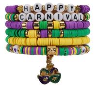 Bookay Mardi Gras Bracelets for Women, 6-Pack Stackable Stretch Bead Set |,Multi-Layer Boho Carnival Party Jewelry,Holiday Friendship Gift, elastic, Plastic, no gemstone