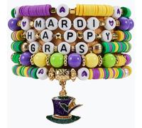 Bookay Mardi Gras Bracelets for Women, 6-Pack Stackable Stretch Bead Set |,Multi-Layer Boho Carnival Party Jewelry,Holiday Friendship Gift, elastic, Plastic, no gemstone