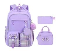 Bookbag for Girls, 3 Pieces Cute Bowknot Bookbag with Lunch Box Pencil Case | Lighthweight Students Backpack for Water Bottle Textbook Weekend Trip Travel Outdoor Explore