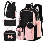 Bookbag for Girls, 3 Pieces Cute Bowknot Bookbag with Lunch Box Pencil Case | Lighthweight Students Backpack for Water Bottle Textbook Weekend Trip Travel Outdoor Explore