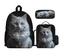 Bookbag Kitten with Lunch Bag Cat and Pencil Case for Girls Boys Age 11 Year 6, Student Carry Organiser for Weekend Travel and Learning Sessions