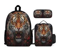 Bookbag Set Tiger with Lunch Bag Pencil Case Animal Theme for Children Age 14 Year 9, Everyday Student Organiser for Weekend Sports and Lessons