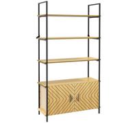Bookcase 4-Tier Storage Shelf With Double Door Cabinet And Metal Frame For Living Room Bedroom Oak Tone