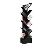 Relaxdays Tree Bookshelf, 9-Tier Bookcase, HWD: 146 x 38 x 22 cm, Storage for Books & CDs, Free-Standing, Drawer, Black, Fleece, Fibreboard, Cardboard
