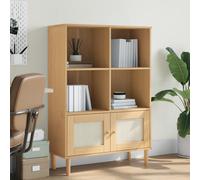 Bookcase Brown Pine Wood 90x35x130cm Rattan-Look Doors Wooden Handles Shelf Unit