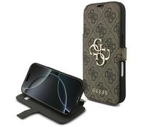 Bookcase Case For iPhone 17 Pro Guess Brown Logo In Gold Color Adjustable