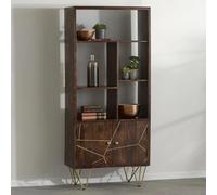 Bookcase - with Cupboard - Hairpin Legs - Gold Geometric Inlay - Dark Mango Wood