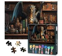 Bookcase with Dragon Motif, 1000 Piece Puzzle for Adults, Concept of Reading and Imagination, Vivid Book and Puzzle Design, Sophisticated Puzzle for Adults to Stand, 20 x 27 Inches