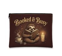 Booked & Busy Makeup Pouch, Vintage Cozy Sloth Design Cosmetic Bag for Women, Portable Canvas Zipper Organizer, Perfect for Reading Lovers, Brown, 7x9 Inch, Pouch