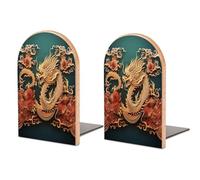 Bookend,Dragon Chinese Background Wood Bookends,Heavy Duty Bookends,Non-Skid Bookend for Shelves,Support for Books and Movies (Beech 1 Pair)