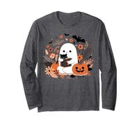 Bookish Ghost Reading with Cat Boho Spooky Season Book Lover Long Sleeve T-Shirt