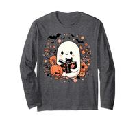 Bookish Ghost Reading with Cat Boho Spooky Season Book Lover Long Sleeve T-Shirt