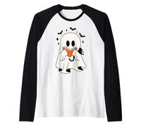 Bookish Ghost Reading with Cat Spooky Season Book Lover Raglan Baseball Tee