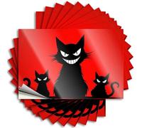 Bookish Tattoo Aesthetic Decals, Boys Room Decor Cute Pattern Design for Humor Notebook | Hat Removable Vinyl Three Black Cats with Sharp Teeth On Red Background(12X18CM)