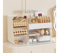 Booklov Makeup Organizer for Vanity, Countertop Cosmetic Display Case with Clear Acrylic Drawers, Bathroom Counter Beauty Caddy, Cute Table Storage Holder for Skincare, Brush Lipsticks, Crystal White