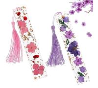 Bookmarks for Women with Tassels NOCHME 2 Pack Epoxy Resin Dried Brightly Colour Real Flower Book Mark with Gold Sprinkles, Unique Transparent Page Reading Marker for Lady Girls,Pink and Purple