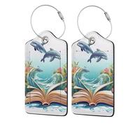 Books and Dolphins Luggage Tag, Pu Leather Travel Luggage Tag Suitcase Tag Durable Steel Loop Suitcase Tags Identifiers