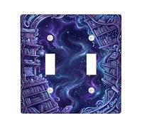 Books Double Light Switch Cover Plate, Cosmic Fantasy Lantern Stars Violet Plastic Standard Size Decorative Wall Plates for Home Living Room Bedroom Bathroom Decor