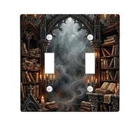 Books Double Light Switch Cover Plate, Gothic Mystical Candles Arch Halloween Black Plastic Standard Size Wall Switch Plates Accents for Living Room Bedroom Home Office Decor